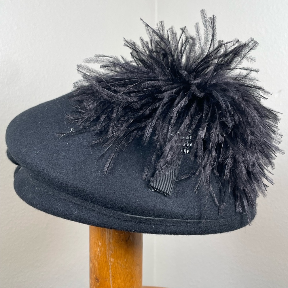 Vtg Georgi Michael Howard Felted Wool Kentucky Derby Feather Plume Cap Hat Black